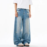 American Style Men's Jeans Holes Design Washing Gradient Color Summer Straight Leg Loose Male Denim Trousers Simple