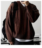 New American Retro Men Jacquarded Sweater Casual V Neck Solid Color Long Sleeve Knitwear Premium Quality Knitted Pullovers M-2XL