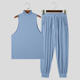 Men Sets Solid Color Streetwear Turtleneck Sleeveless Tank Tops & Drawstring Pants 2PCS Fashion Men's Casual Suits