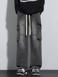 New Men's Baggy Straight Cargo Jeans Elastic Waist Vintage Blue Black Smoky gray Denim Pants Fashion High Street Male Trousers