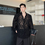 Black Transparent Gauze Shirt Men Handsome Fashion Casual Streetwear Loose Long Sleeve Turn-down Collar Blouse Men's Clothing
