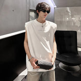 New Trendy Men's Vests Round Neck Letter Design Contrats Color Metak Sleeveless Shoulder Padded Male Tank Tops Chic