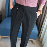 Men's Fashion High Waist Suit Pants England Style Slim Fit Long Toursers Male Quality Daily Work Casual Bottoms Wear Adjustable