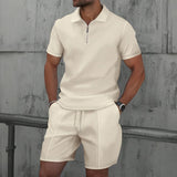Spring Summer Casual Mens Waffle Sets Stylish Short Sleeve Zipper Polo Shirt And Shorts Men Outfits Fashion Two Piece Suits