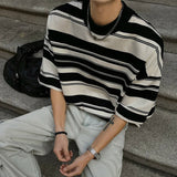 Summer New Male Striped T-shirt Half Turtleneck Loose Short Sleeve Contrast Color O-neck Pullover Male Tees 2025