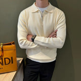 Autumn Casual Men Polo Sweater Light Luxury Zip-up Solid Color Long Sleeve Knitted Pullover Daily Commuting Basic Knitwear M-3XL