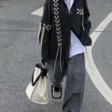 Unisex Vintage Punk Black Shirt Coat Men Women Spring Autumn Japanese Harajuku Tie Rope Top Versatile High Street Shirt