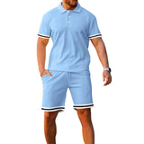 Summer Men's Sports Suit Lapel Button Striped Patchwork Short Sleeve Polo Shirt And Shorts Suit Casual Plus Size Men's Clothing