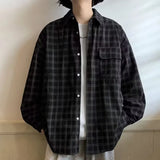 Autumn Plaid Corduroy Men Shirts New Y2K Streetwear Workwear Blouses Retro Long Sleeve Cargo Shirt Loose Casual Tops