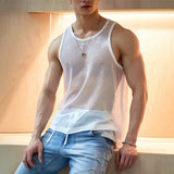 Summer Men's Luxury Knit Fashion Transparet Tank Tops O Neck Sleeveless Mesh Sexy Solid Color Vest Breathable Party Men Clothing