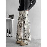 Baggy Beige Jeans Men Fashion Retro Leopard Print Jeans Men Streetwear Hip-hop Loose Wide Leg Jeans Mens Vintage Denim Pants