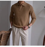 Men's American Retro Polo Sweater Luxury Trendy Business V Neck Knit Solid Color Pullover Leisure Slim-fit Long Sleeve Knitwear
