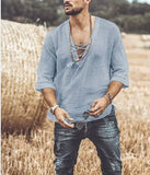 Men's T-shirt Short Sleeve Chest Lace-up T-shirt Loose Top Summer V-Neck Medieval Tunic Top