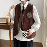 Japanese Trendy Couple Loose Jacket Retro Interface Bag Work Vest Sleeveless V-neck Vest Handsome Cardigan Aesthetic Urban Chic
