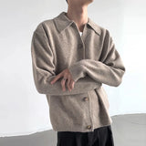 New Korean Fashion Men Cardigan Jacket Light Luxury Knitted Polo Neck Long Sleeve Sweater Coat Casual Retro Solid Color Knitwear
