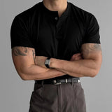 Spring Summer Casual Henley Shirts Mens Vintage Solid Color Buttoned O Neck Tees Men Stylish Slim Fit Short Sleeve T-shirt