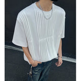 Men Pleated Chic T Shirt Solid Color O-neck Short Sleeve Casual Tshirt Men Clothing Streetwear 2025 Summer Fashion Camisetas