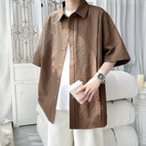 Summer Short Sleeved Shirt Men Fashion Brown Pleated Shirt Men Korean Loose Casual Shirt Mens Hawaiian Shirts Large Size 4XL