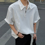 New Fashion Male T-shirt Short Sleeve Turn-down Collar Zipper Top Casual Solid Color Men Clothing Summer Trend