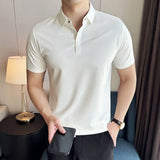 Men Polo Shirt Summer New Ice Silk Lightweight traceless Solid Casual Elastic Slim Fit Short Sleeved T-shirt Men Clothing