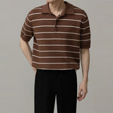 Men's Clothing Light Luxury Business Striped Polo Shirt Casual Slim-fit Knitted Short Sleeve T-shirt High Quality Patchwork Tops