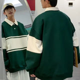 Contrast Color Sweatshirts Men All-match Loose Striped Fashion Turn-down Collar Comfortable Warm Daily Streetwear Chic Leisure