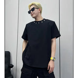 Heavy High-end Niche Short Sleeve T Shirts for Men Summer Loose  Ins Design Solid Color Rivet Round Neck T-shirt Streetwear