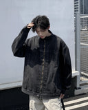 New High Street Men's Zip-up Denim Jackets Casual Washed Streetwear Stand Collar Texture Korean Harajuku Retro Long Sleeve Coats