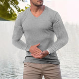 Spring Casual Mens Slim Fit V Neck T-shirts Fashion Solid Color Knitted Ribbed T Shirt Men Leisure Long Sleeve Knit Pullovers
