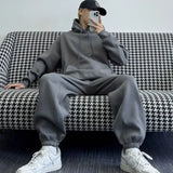 Hooded Sweatshirt Men's Autumn Winter Velvet Two-piece Set American Oversize Loose Casual Sweatpants Suit Aesthetic Streetwear