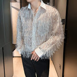 Off White Long Sleeved Shirt Men Fashion Society Mens Dress Shirt Korean Loose Hollow Out Shirt Mens Blue Casual Shirt M-2XL