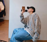 Y2K Striped Crochet Sweater For Men Long Sleeve Knitted Tees Korean Fashion Streetwear Pullovers Patchwork Crewneck Knitwear