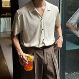 Trendy Solid Color Slim Knit Cardigan Tops Men Summer Casual Short Sleeve Buttoned Lapel Knitted Shirts For Mens Vintage Shirt