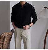 Men's American Retro Polo Sweater Luxury Trendy Business V Neck Knit Solid Color Pullover Leisure Slim-fit Long Sleeve Knitwear