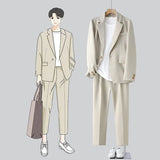 Beige Suit Men Fashion Society Men Dress Suit Korean Loose Casual Blazer/Pants Two Piece Set Mens Office Formal Suit M-3XL