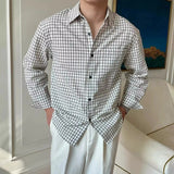 New American Retro Men Shirts Light Luxury Textured Lapel Plaid Long Sleeve Cardigan Leisure Trendy Premium Check Blouse M-2XL