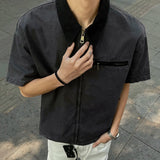 New Stylish Men's Shirt Short Sleeve Lapel Patchwork Collar Male Zipper Shirts Washed Summer Men Clothing Loose Fit