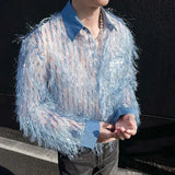 Off White Long Sleeved Shirt Men Fashion Society Mens Dress Shirt Korean Loose Hollow Out Shirt Mens Blue Casual Shirt M-2XL