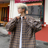 Harajuku Long Sleeve Plaid Shirts Men Autumn Loose High Street All-match Shirt Gentleman Camisa Check Tops Stylish 5XL-M