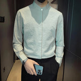 New Men Fashion Seersucker Shirts Long Sleeve Stand Collar Casual Drapped Solid Color Button-down Cardigan Japanese Style Tops