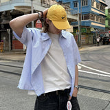 Brushed American Blue Striped Short Sleeved Shirt with Raw Edges for Men and Women's Casual Shirts Casual Streetwear