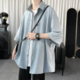 Summer Cool Men Short-sleeved Shirt Solid Color Fashion Plicated Casual Loose Button Shirt Male Clothing Tops