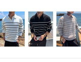 American Chic Striped Men Polo Sweater Luxury Trendy Business V Neck Knit Solid Color Pullover Leisure Slim Long Sleeve Knitwear