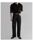New American Fashion Men Henry Collar T-shirt Light Luxury Solid Color Long Sleeve Tops Leisure Light Business Basic Shirt M-3XL