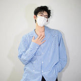 White Long Sleeved Shirt Men Fashion Society Mens Dress Shirt Korean Loose Blue Striped Shirt Mens Double Breasted Casual Shirt