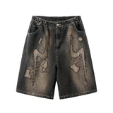 Hip Hop Denim Shorts Men Streetwear Vintage Patch Jeans Short Oversized Harajuku Embroidery Black Baggy Knee Length Pants Unisex