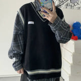 Sweater Vest Men V-neck Shrug Patchwork Knitted Couples Ins Plus Size 3XL Oversize Harajuku Vests Chic Korean Style Leisure