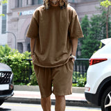 Spring Summer New Fashion Round Neck Long Sleeve Solid Youth Men's Clothing Korean Simplicity Trend All-match Chic Shorts Suits