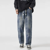 Spring new Men's Jeans Korean Fashion Elastic waist Straight Denim Pants  Washed Cotton Grid diagram Wide Leg Jean Trousers