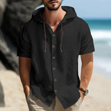 New Casual Solid Color Men's Shirt Summer Street Simple Style Hooded Drawstring Cotton Hemp Cardigan Loose Short Sleeve T-shirt
